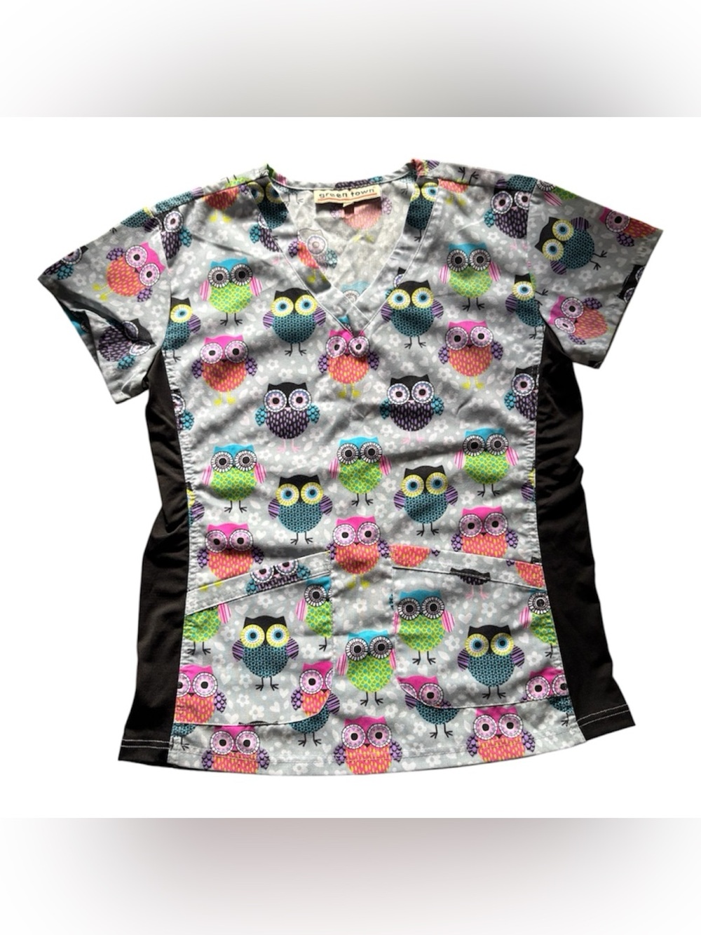 Green town multi color owl scrub top